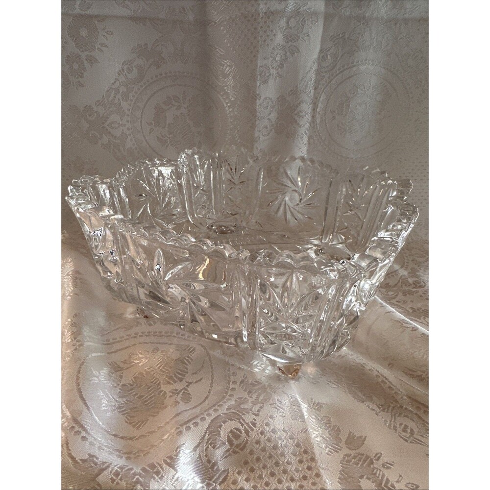 Large Heavy Pressed Glass Footed Lead Crystal Serving Candy Bowl Sawtooth Edge